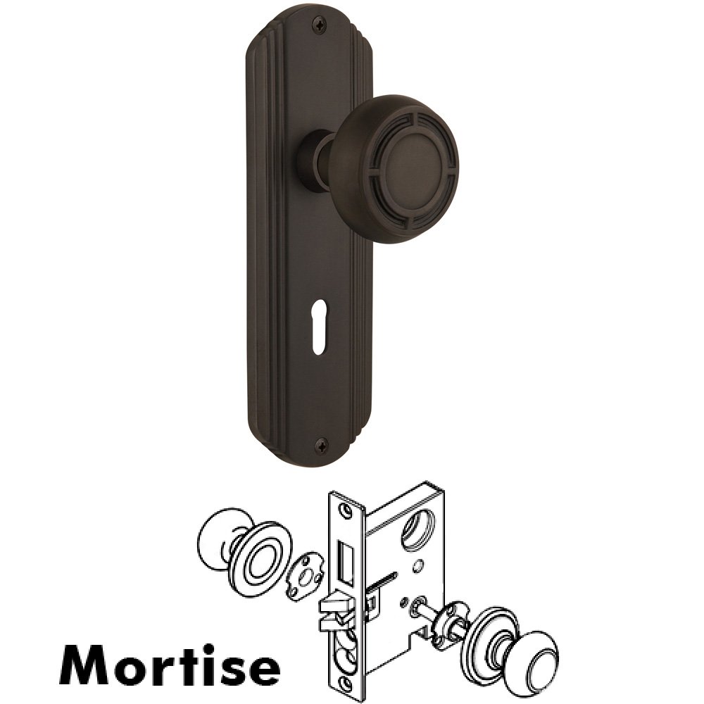 Nostalgic Warehouse Complete Mortise Lockset - Deco Plate with Mission Knob in Oil Rubbed Bronze