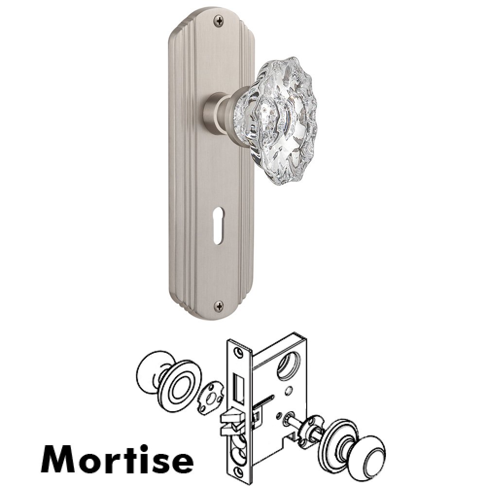 Nostalgic Warehouse Complete Mortise Lockset - Deco Plate with Chateau Knob in Satin Nickel