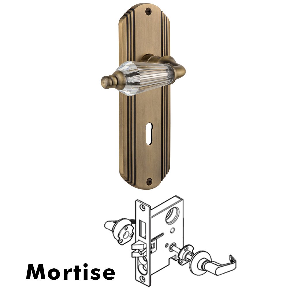 Nostalgic Warehouse Complete Mortise Lockset - Deco Plate with Parlour Lever in Antique Brass