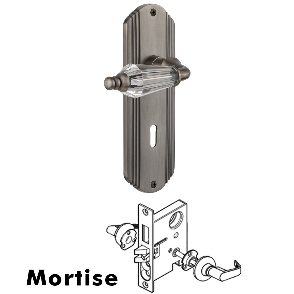 Nostalgic Warehouse Complete Mortise Lockset - Deco Plate with Parlour Lever in Antique Pewter