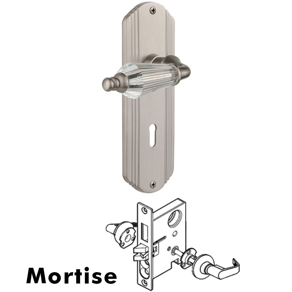 Nostalgic Warehouse Complete Mortise Lockset - Deco Plate with Parlour Lever in Satin Nickel