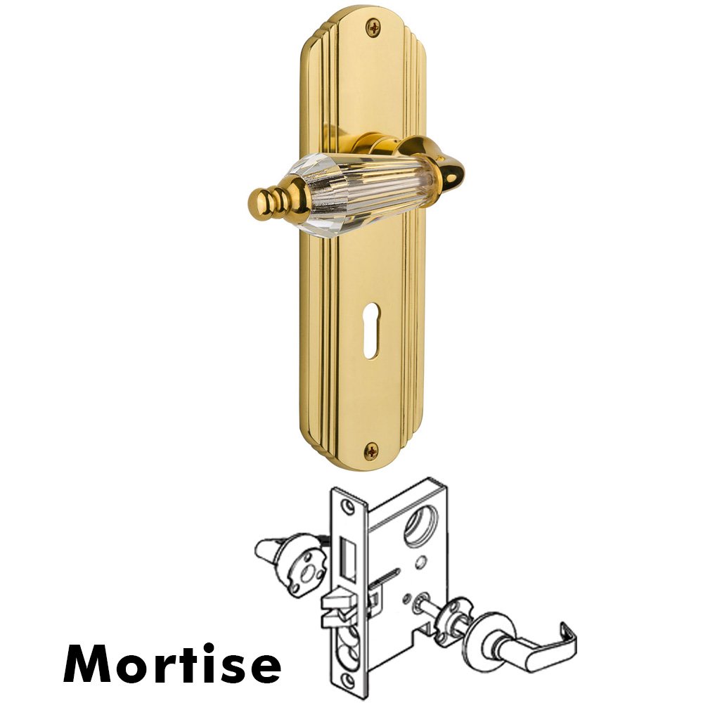 Nostalgic Warehouse Complete Mortise Lockset - Deco Plate with Parlour Lever in Unlacquered Brass