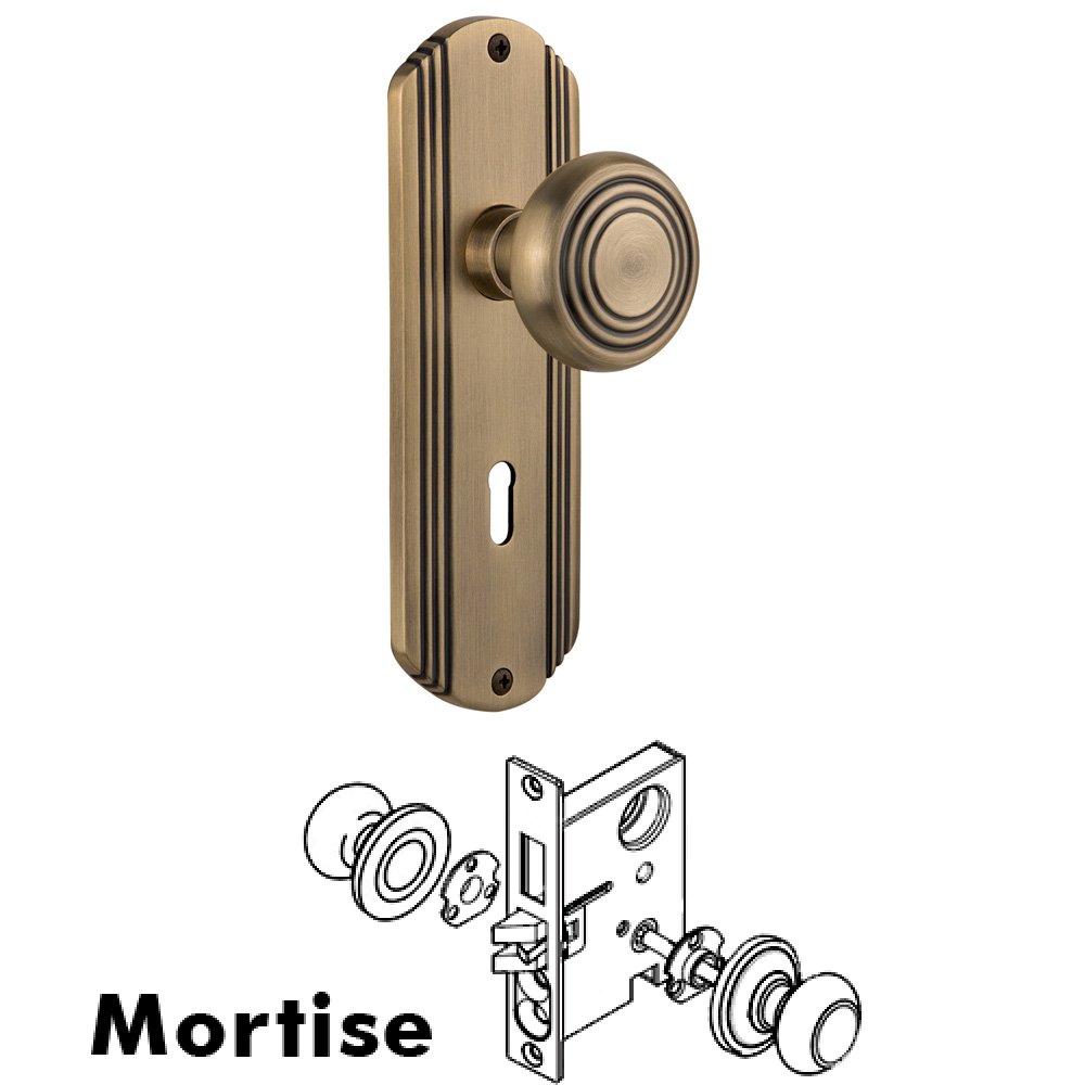 Nostalgic Warehouse Complete Mortise Lockset - Deco Plate with Deco Knob in Antique Brass