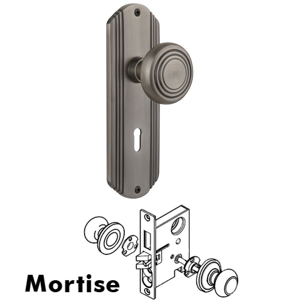 Nostalgic Warehouse Complete Mortise Lockset - Deco Plate with Deco Knob in Antique Pewter