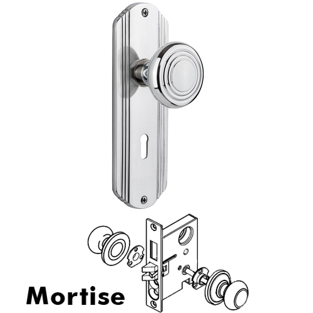 Nostalgic Warehouse Complete Mortise Lockset - Deco Plate with Deco Knob in Bright Chrome
