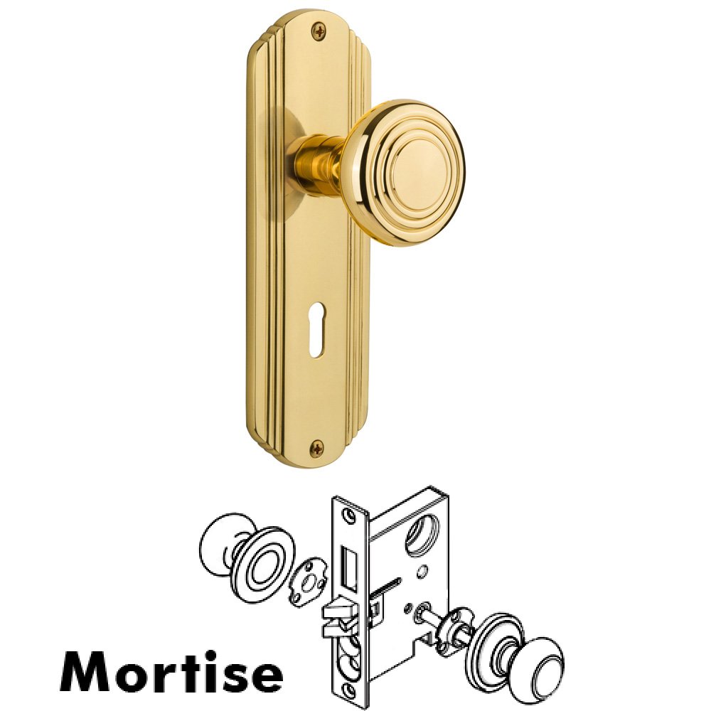 Nostalgic Warehouse Complete Mortise Lockset - Deco Plate with Deco Knob in Polished Brass