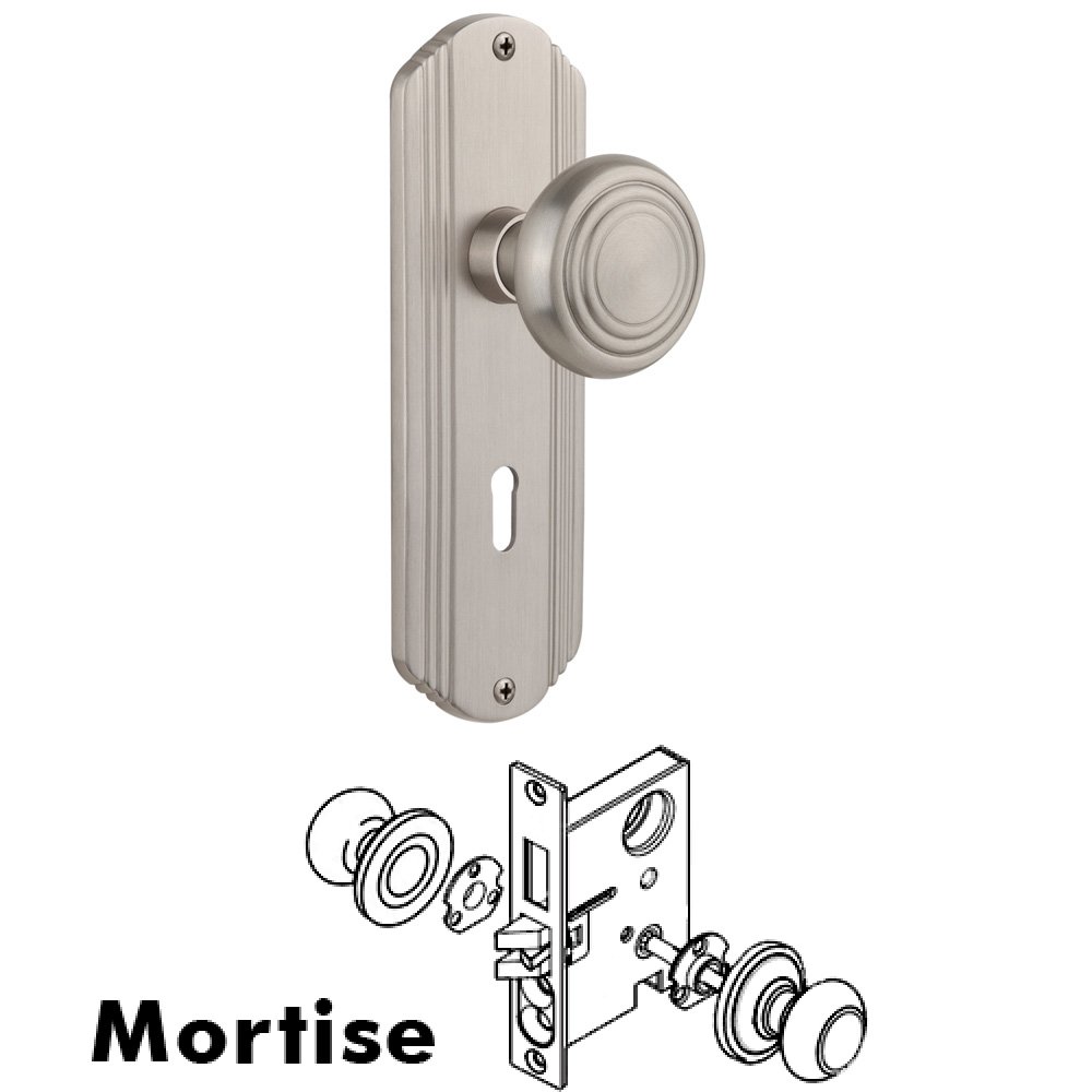 Nostalgic Warehouse Complete Mortise Lockset - Deco Plate with Deco Knob in Satin Nickel