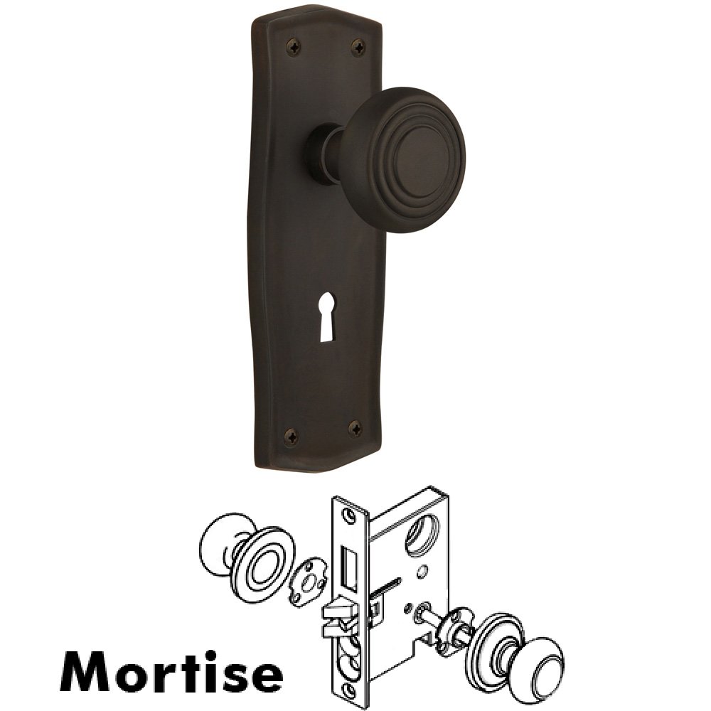Nostalgic Warehouse Complete Mortise Lockset - Prairie Plate with Deco Knob in Oil Rubbed Bronze