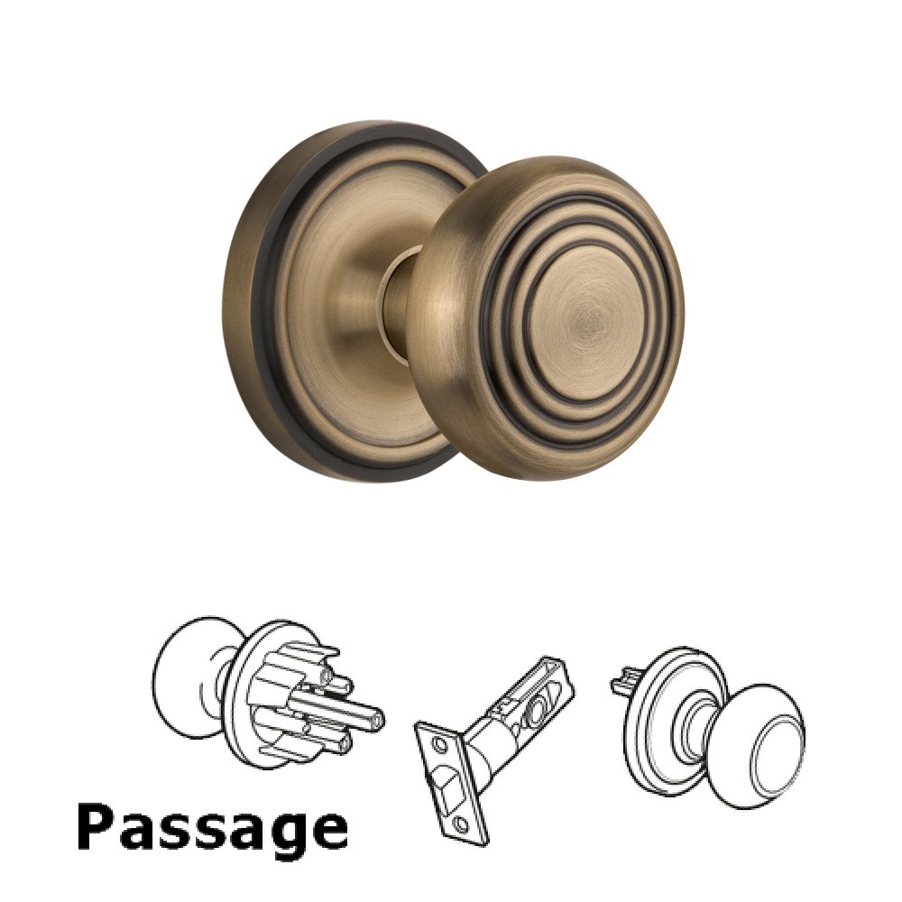 Nostalgic Warehouse Complete Passage Set Without Keyhole - Classic Rosette with Deco Knob in Antique Brass
