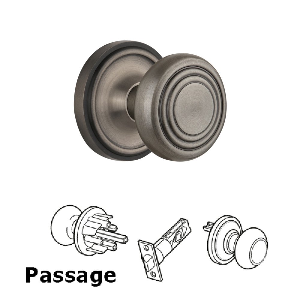 Nostalgic Warehouse Complete Passage Set Without Keyhole - Classic Rosette with Deco Knob in Antique Pewter