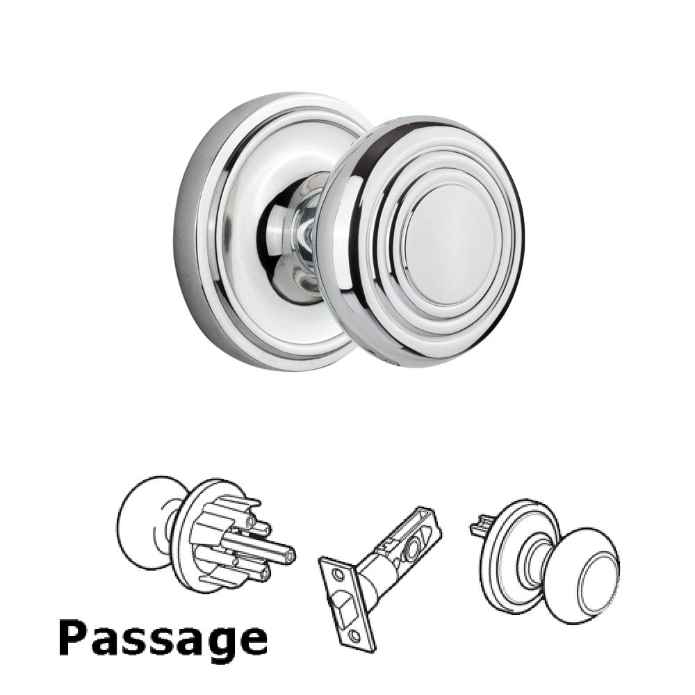 Nostalgic Warehouse Complete Passage Set Without Keyhole - Classic Rosette with Deco Knob in Bright Chrome