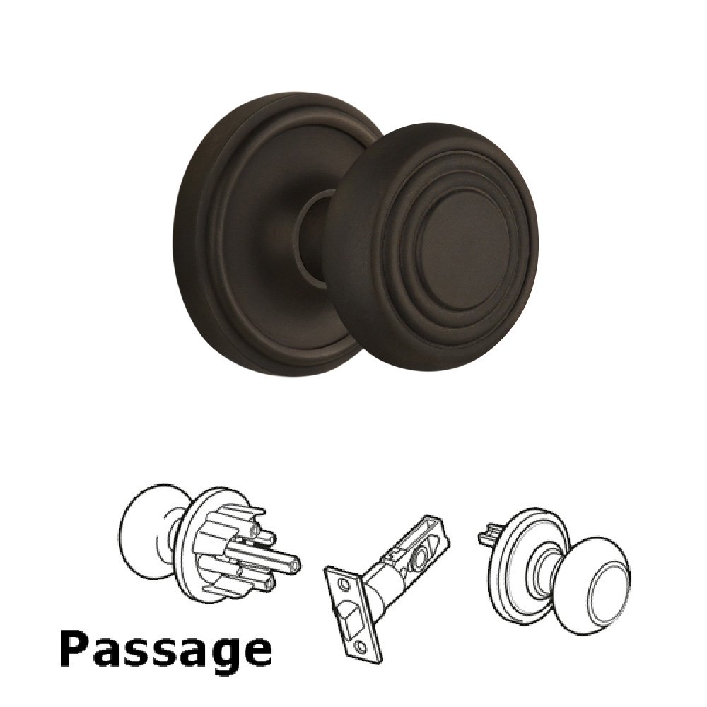 Nostalgic Warehouse Complete Passage Set Without Keyhole - Classic Rosette with Deco Knob in Oil Rubbed Bronze
