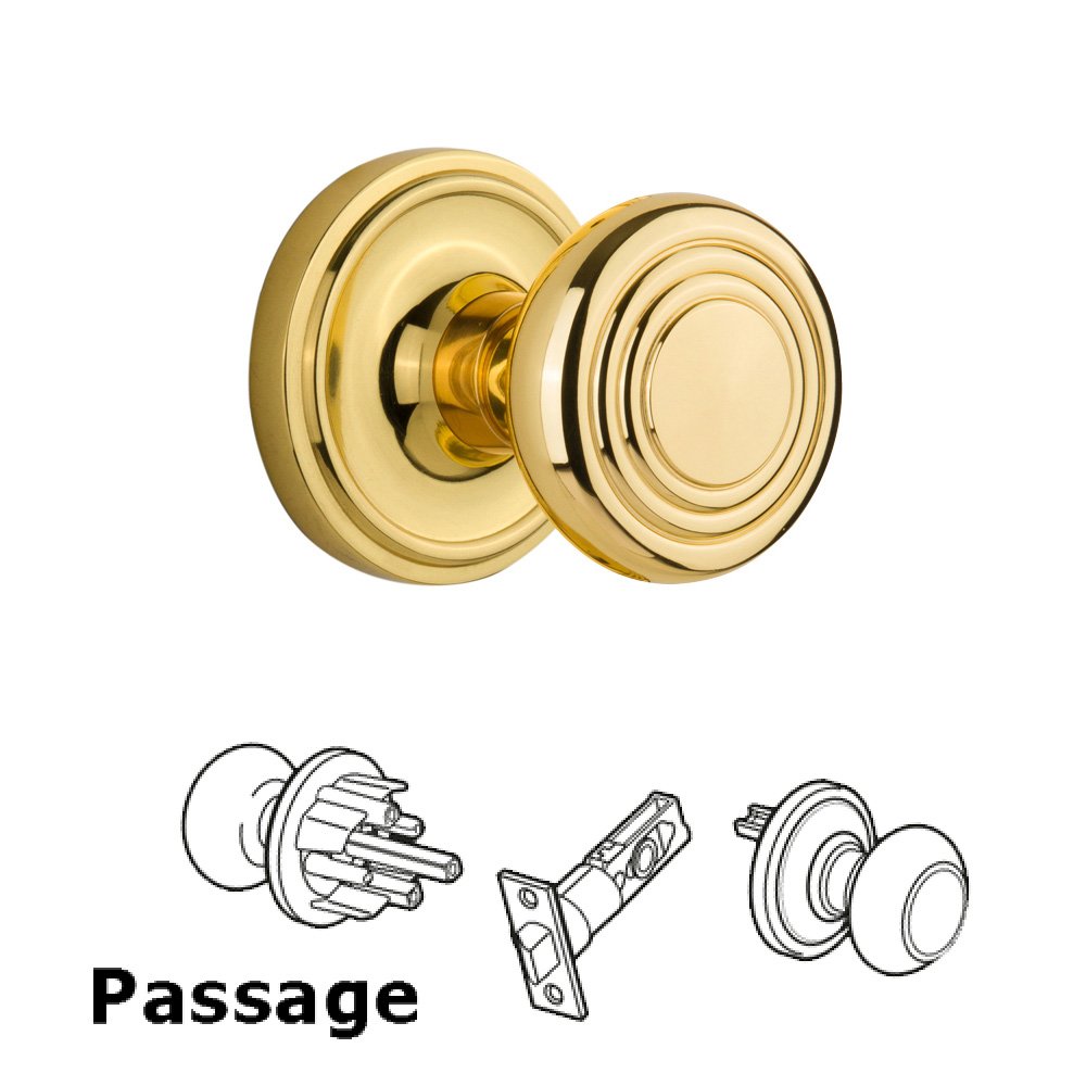 Nostalgic Warehouse Complete Passage Set Without Keyhole - Classic Rosette with Deco Knob in Polished Brass