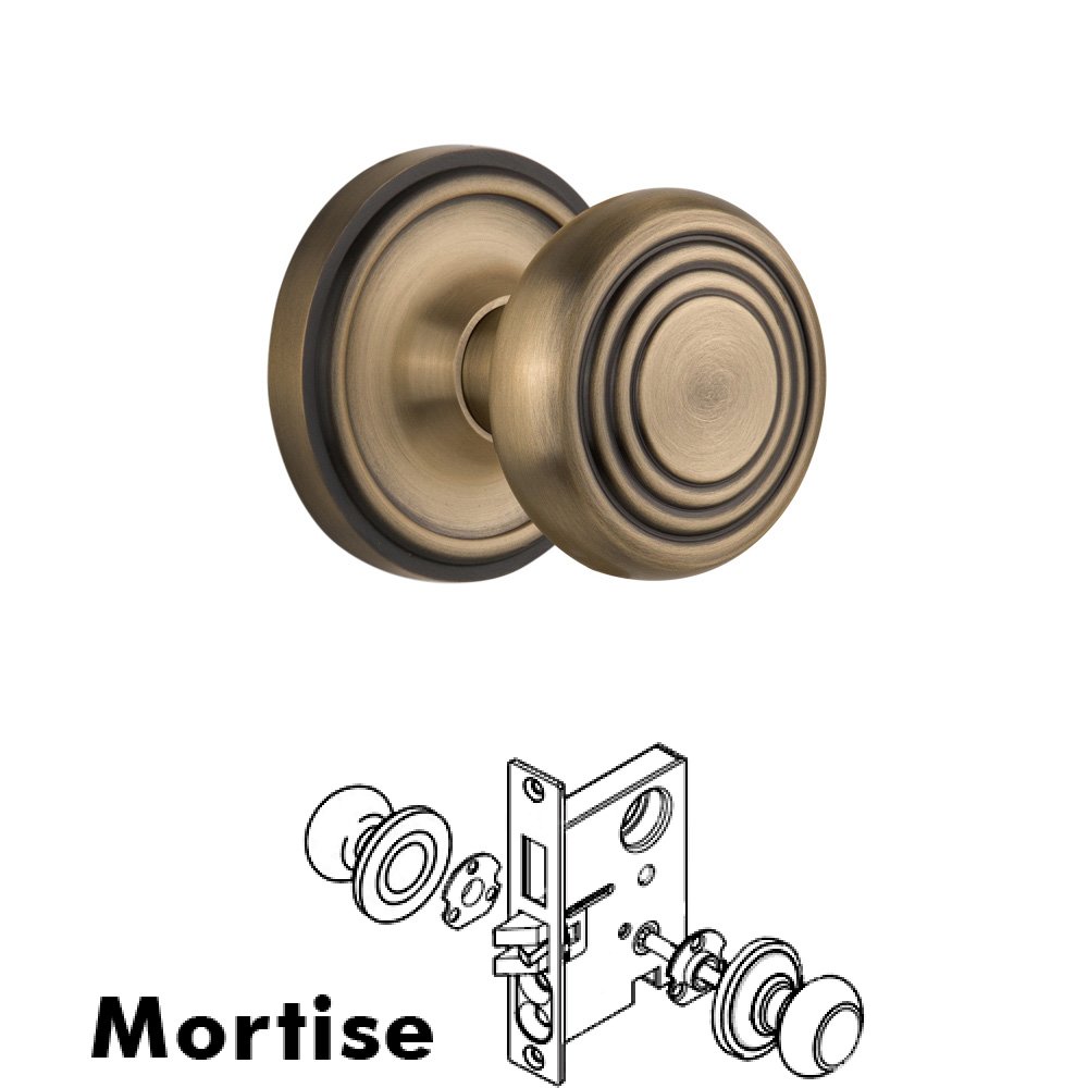 Nostalgic Warehouse Complete Mortise Lockset - Classic Rosette with Deco Knob in Antique Brass