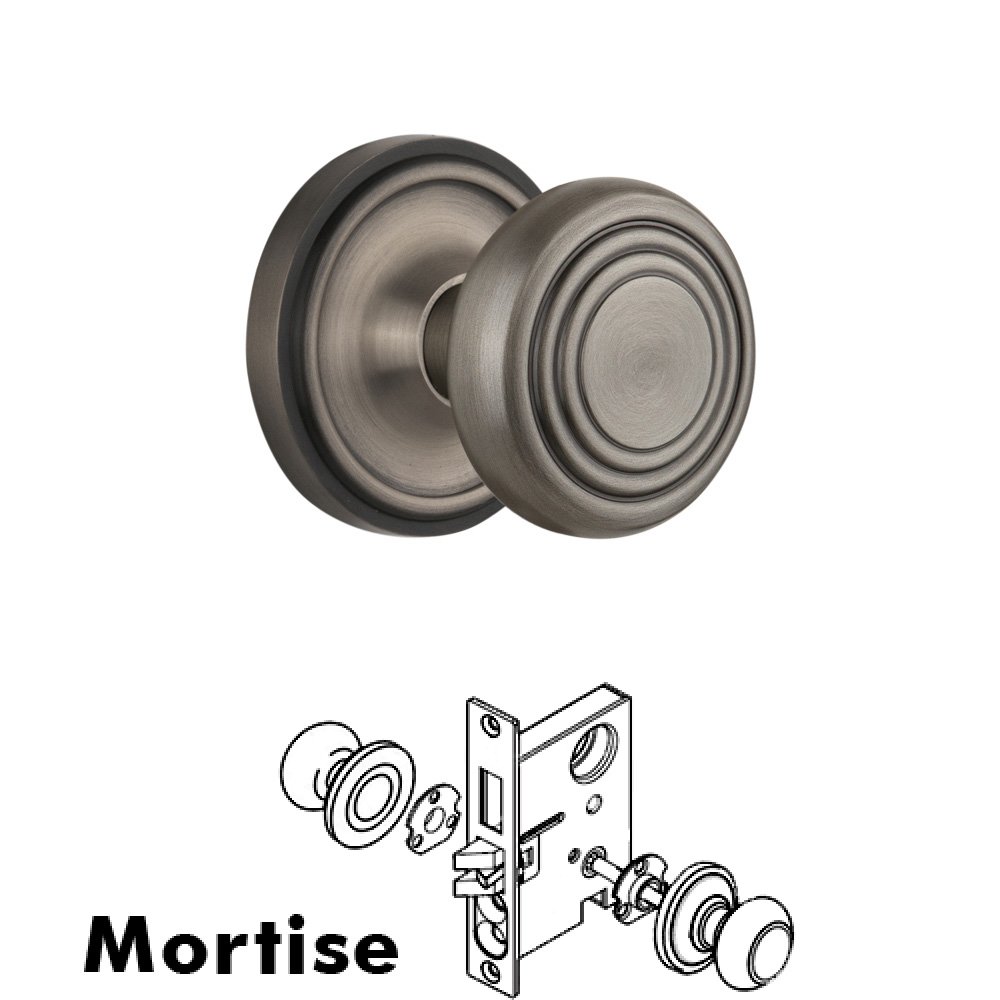 Nostalgic Warehouse Complete Mortise Lockset - Classic Rosette with Deco Knob in Antique Pewter