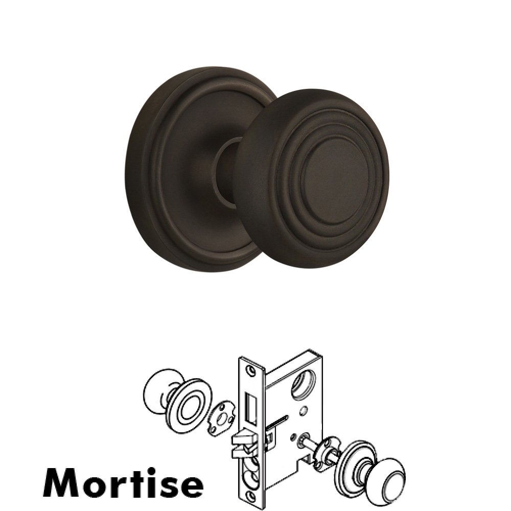 Nostalgic Warehouse Complete Mortise Lockset - Classic Rosette with Deco Knob in Oil Rubbed Bronze