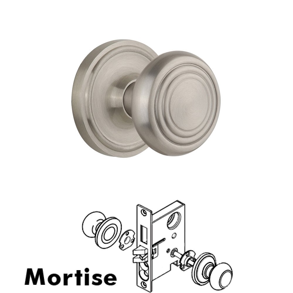 Nostalgic Warehouse Complete Mortise Lockset - Classic Rosette with Deco Knob in Satin Nickel