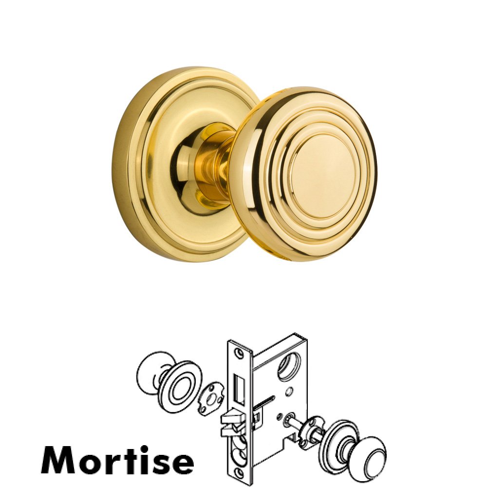 Nostalgic Warehouse Complete Mortise Lockset - Classic Rosette with Deco Knob in Unlacquered Brass