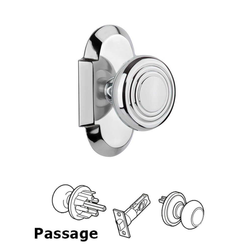 Nostalgic Warehouse Complete Passage Set Without Keyhole - Cottage Plate with Deco Knob in Bright Chrome