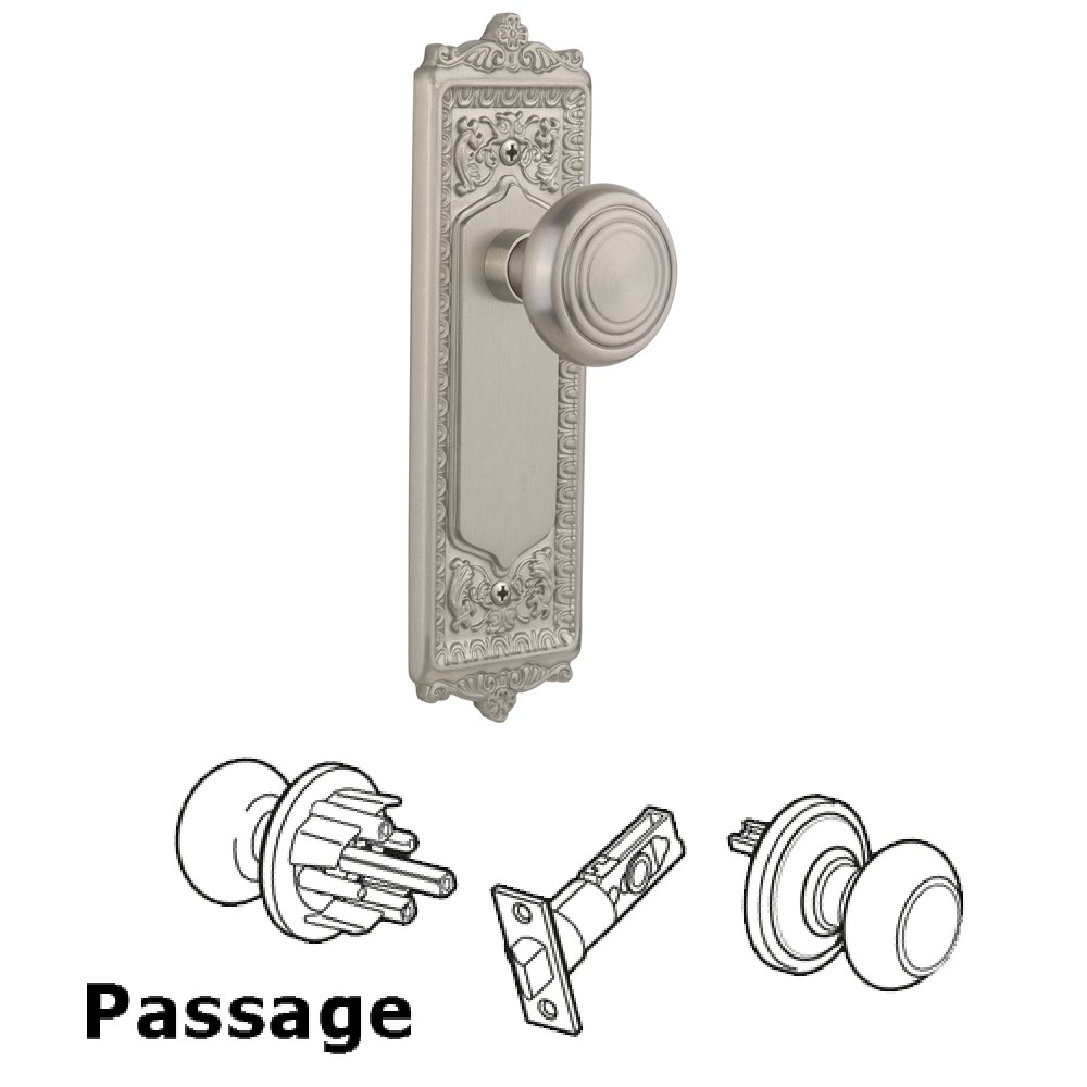 Nostalgic Warehouse Complete Passage Set Without Keyhole - Egg & Dart Plate with Deco Knob in Satin Nickel
