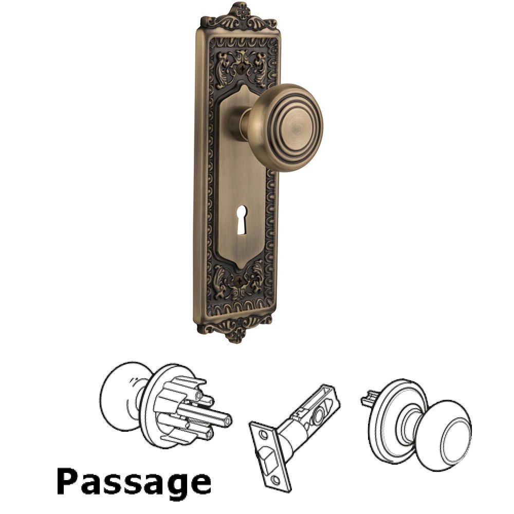 Nostalgic Warehouse Complete Passage Set With Keyhole - Egg & Dart Plate with Deco Knob in Antique Brass