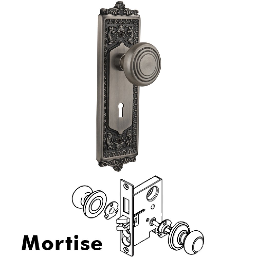 Nostalgic Warehouse Complete Mortise Lockset - Egg & Dart Plate with Deco Knob in Antique Pewter