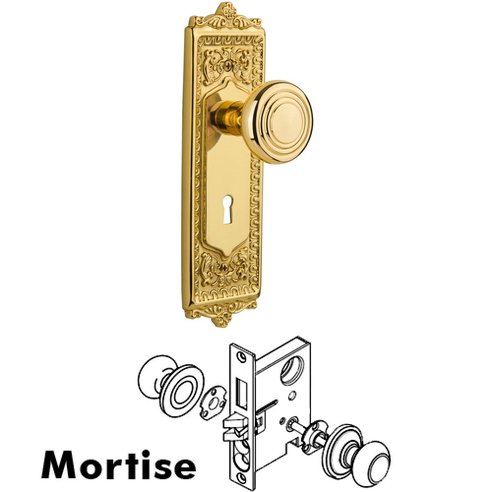 Nostalgic Warehouse Complete Mortise Lockset - Egg & Dart Plate with Deco Knob in Unlacquered Brass