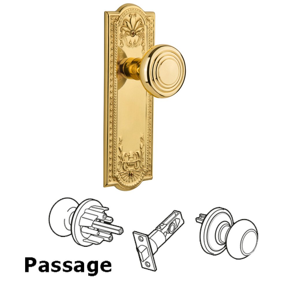 Nostalgic Warehouse Complete Passage Set Without Keyhole - Meadows Plate with Deco Knob in Polished Brass