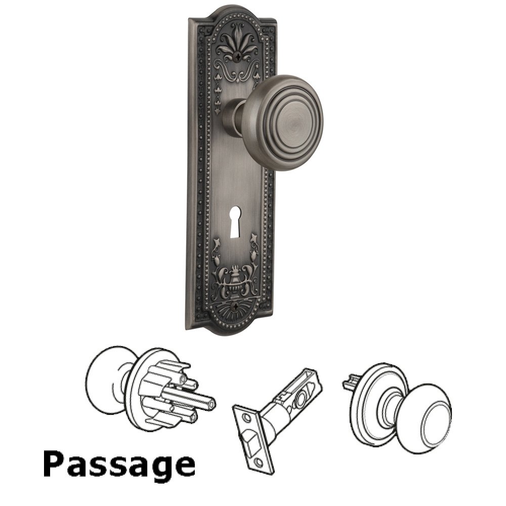 Nostalgic Warehouse Complete Passage Set With Keyhole - Meadows Plate with Deco Knob in Antique Pewter
