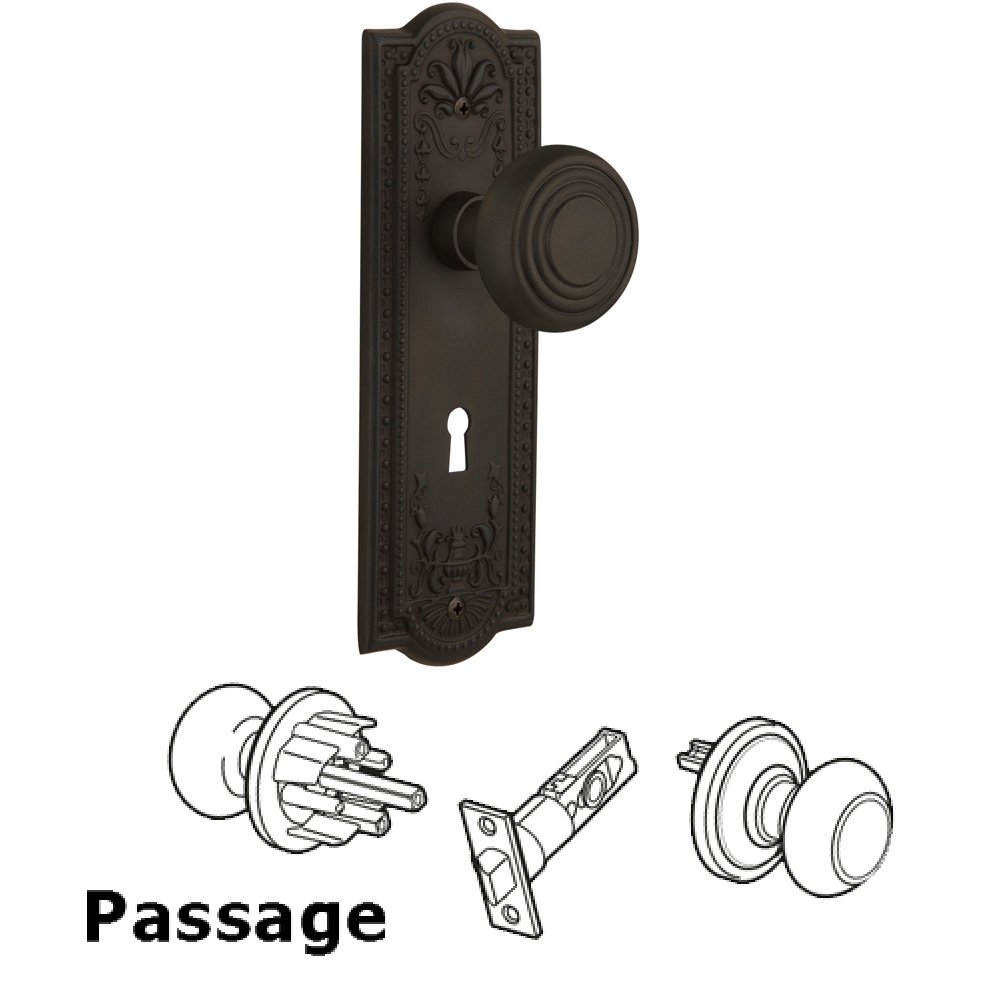 Nostalgic Warehouse Complete Passage Set With Keyhole - Meadows Plate with Deco Knob in Oil Rubbed Bronze