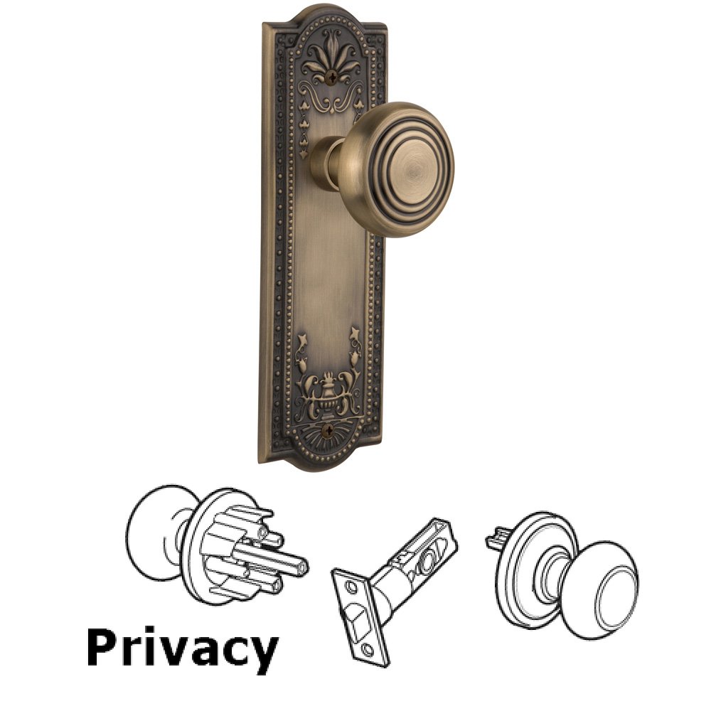 Nostalgic Warehouse Complete Privacy Set Without Keyhole - Meadows Plate with Deco Knob in Antique Brass