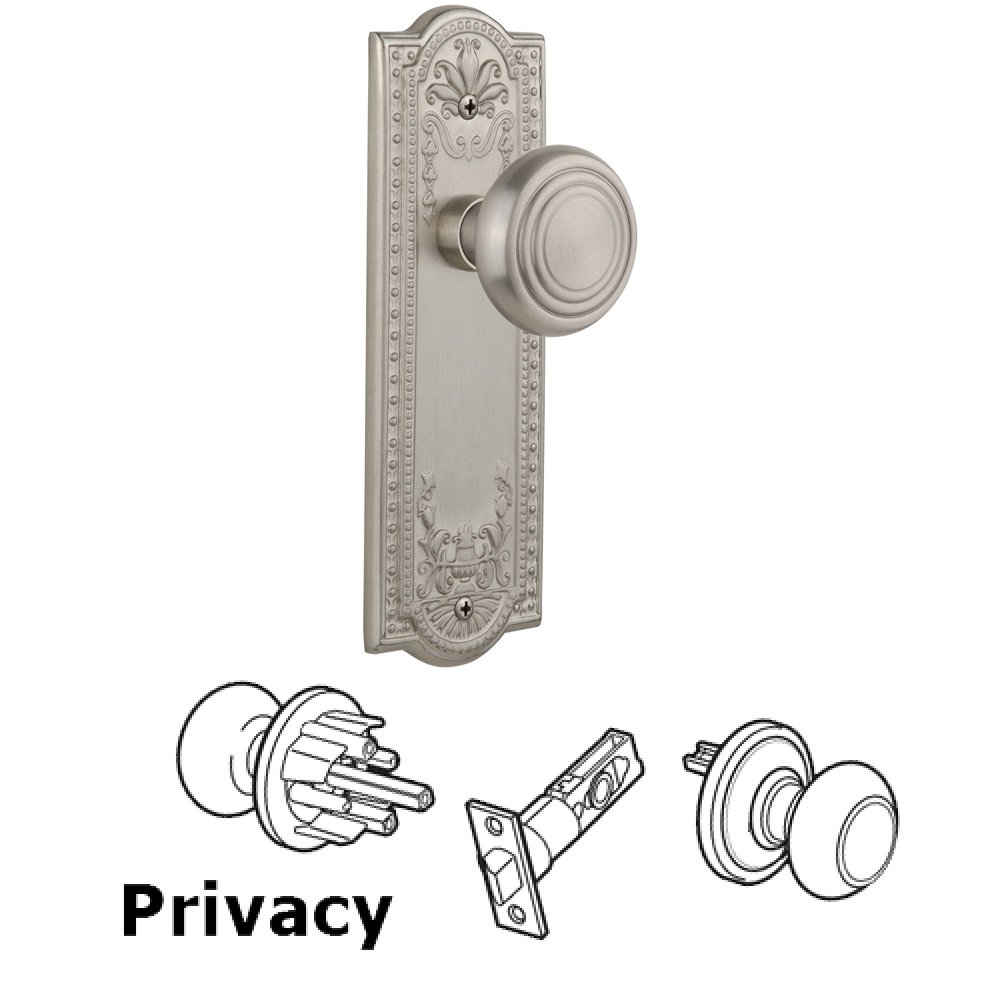 Nostalgic Warehouse Complete Privacy Set Without Keyhole - Meadows Plate with Deco Knob in Satin Nickel