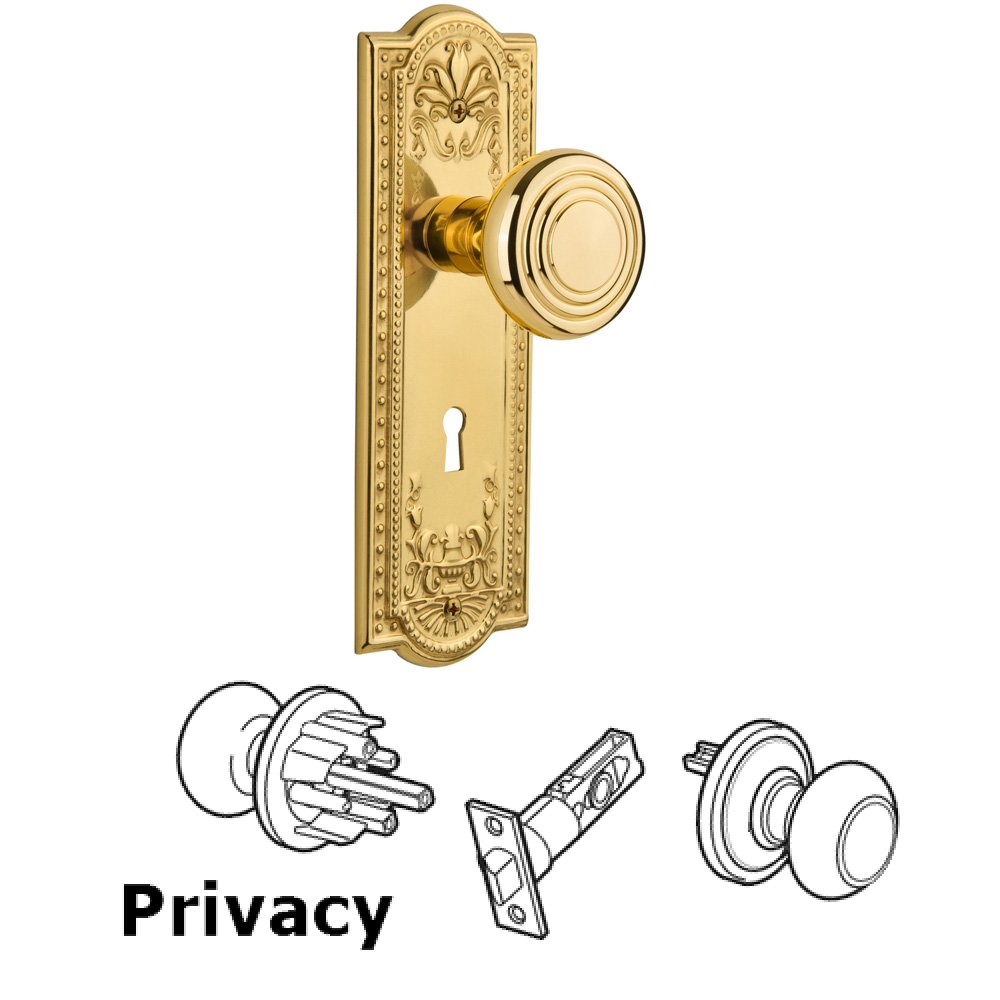 Nostalgic Warehouse Complete Privacy Set With Keyhole - Meadows Plate with Deco Knob in Polished Brass