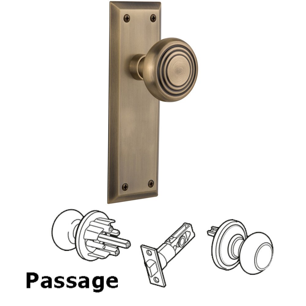Nostalgic Warehouse Complete Passage Set Without Keyhole - New York Plate with Deco Knob in Antique Brass