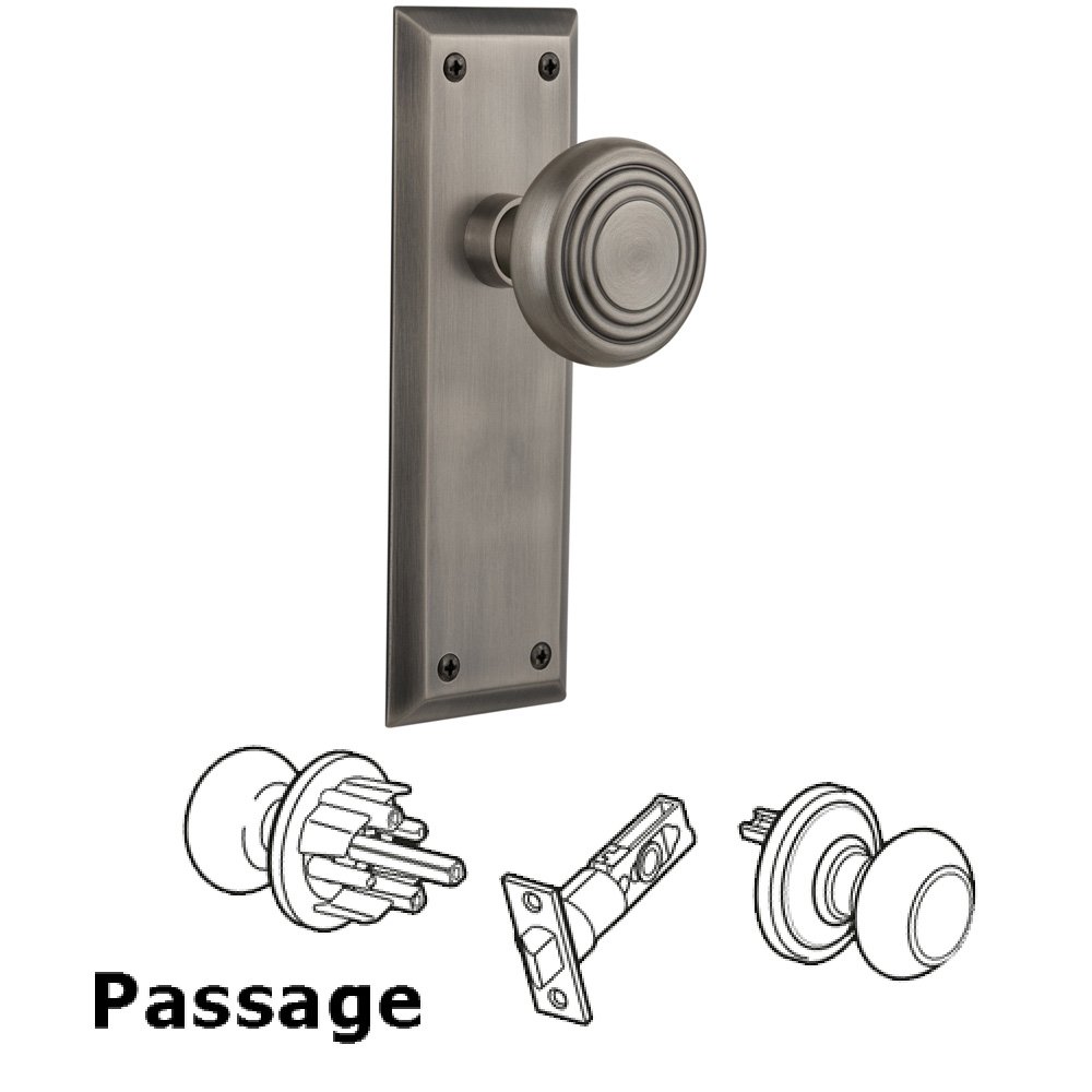 Nostalgic Warehouse Complete Passage Set Without Keyhole - New York Plate with Deco Knob in Antique Pewter