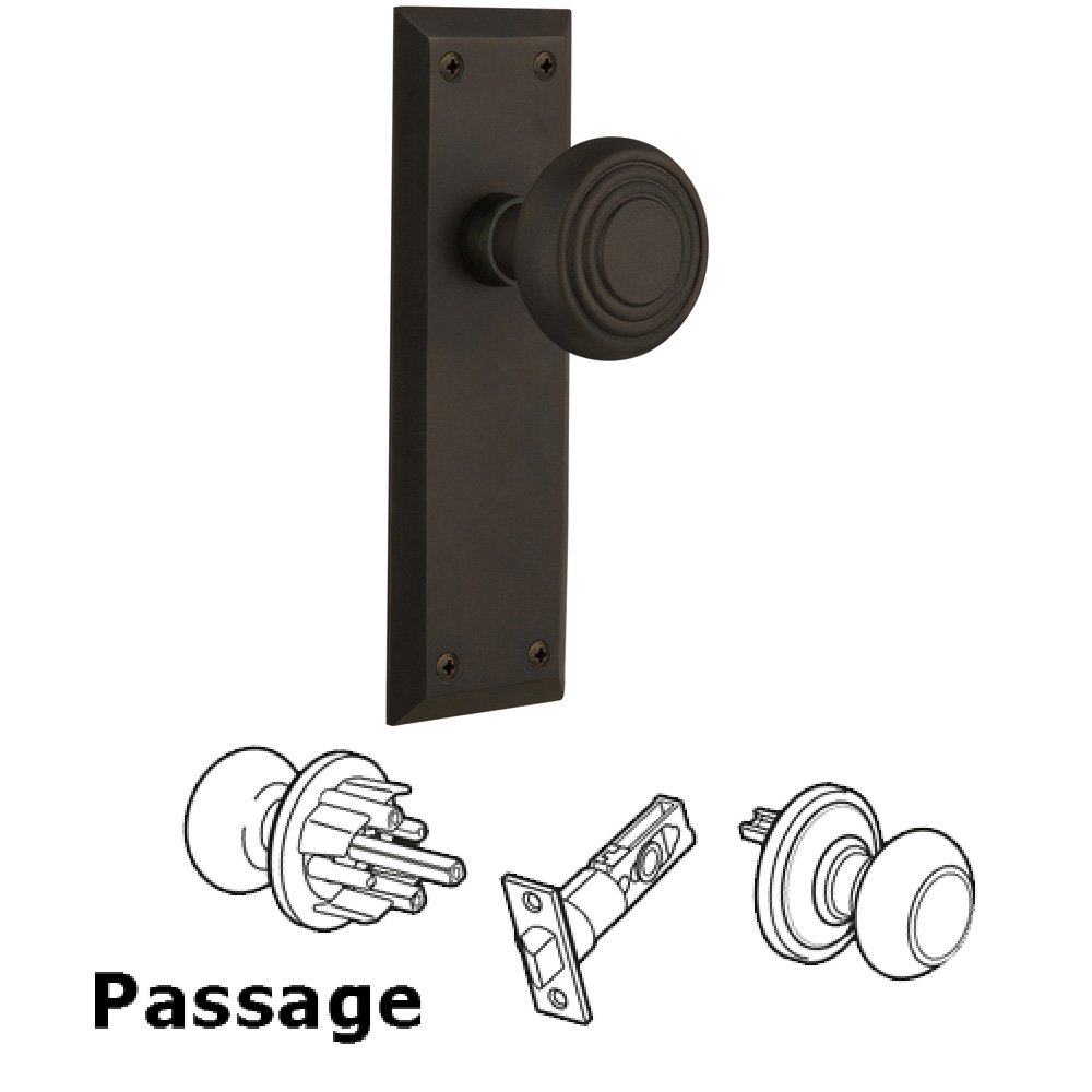 Nostalgic Warehouse Complete Passage Set Without Keyhole - New York Plate with Deco Knob in Oil Rubbed Bronze