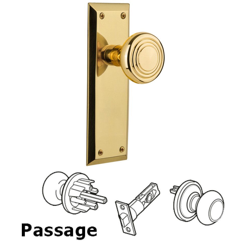 Nostalgic Warehouse Complete Passage Set Without Keyhole - New York Plate with Deco Knob in Unlacquered Brass