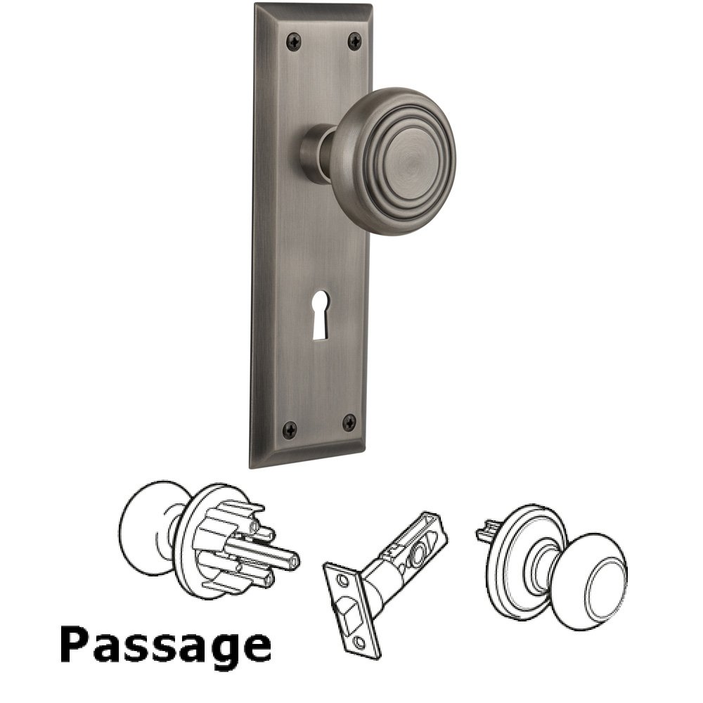 Nostalgic Warehouse Complete Passage Set With Keyhole - New York Plate with Deco Knob in Antique Pewter