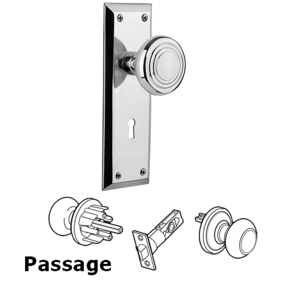 Nostalgic Warehouse Complete Passage Set With Keyhole - New York Plate with Deco Knob in Bright Chrome