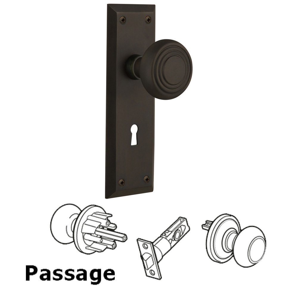 Nostalgic Warehouse Passage New York Plate with Keyhole and Deco Door Knob in Oil-Rubbed Bronze
