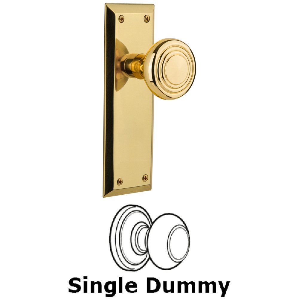 Nostalgic Warehouse Single Dummy Knob Without Keyhole - New York Plate with Deco Knob in Unlacquered Brass