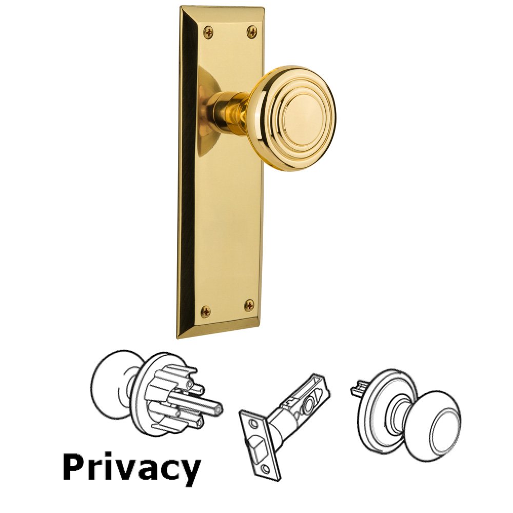 Nostalgic Warehouse Complete Privacy Set Without Keyhole - New York Plate with Deco Knob in Polished Brass