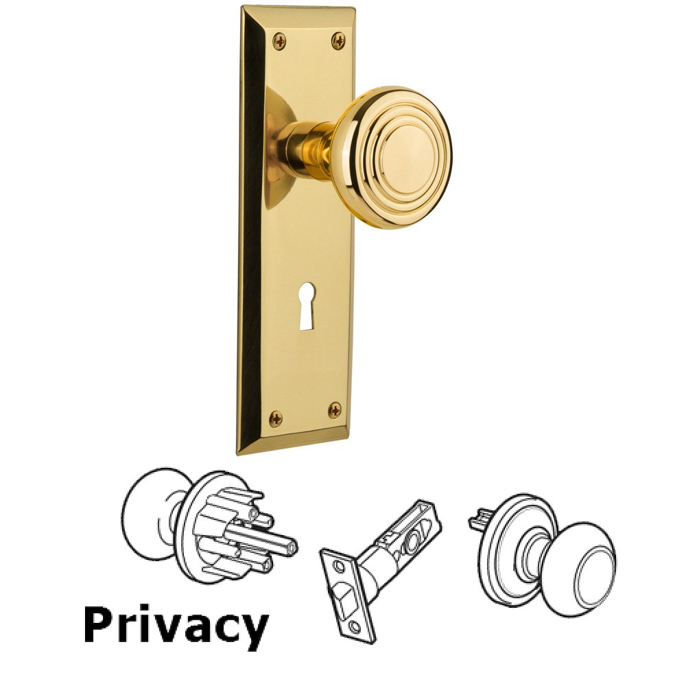 Nostalgic Warehouse Complete Privacy Set With Keyhole - New York Plate with Deco Knob in Polished Brass