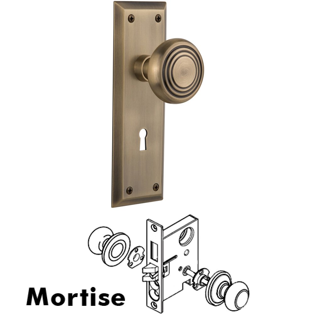Nostalgic Warehouse Complete Mortise Lockset - New York Plate with Deco Knob in Antique Brass