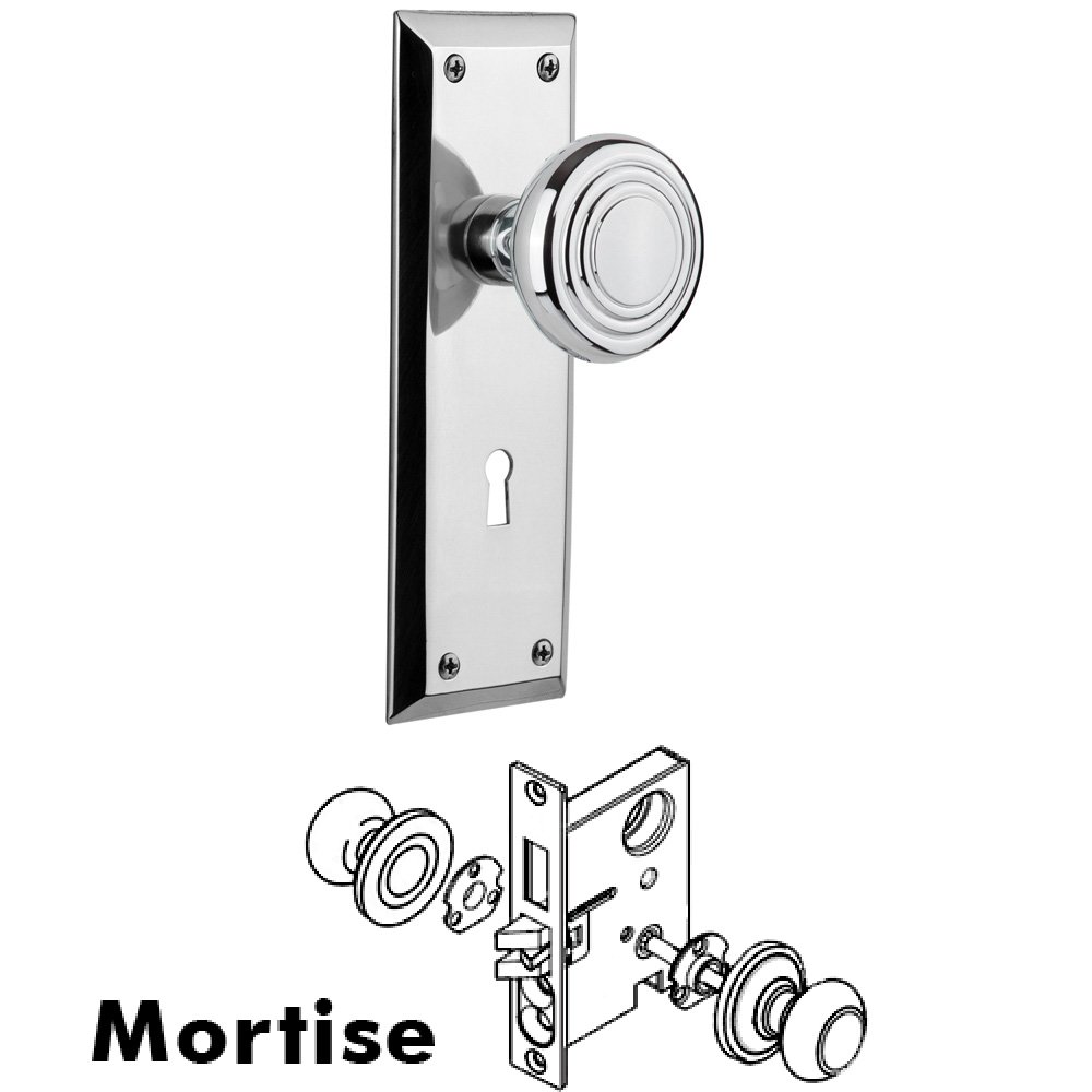 Nostalgic Warehouse Complete Mortise Lockset - New York Plate with Deco Knob in Bright Chrome