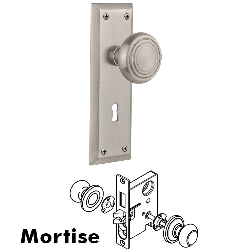 Nostalgic Warehouse Complete Mortise Lockset - New York Plate with Deco Knob in Satin Nickel