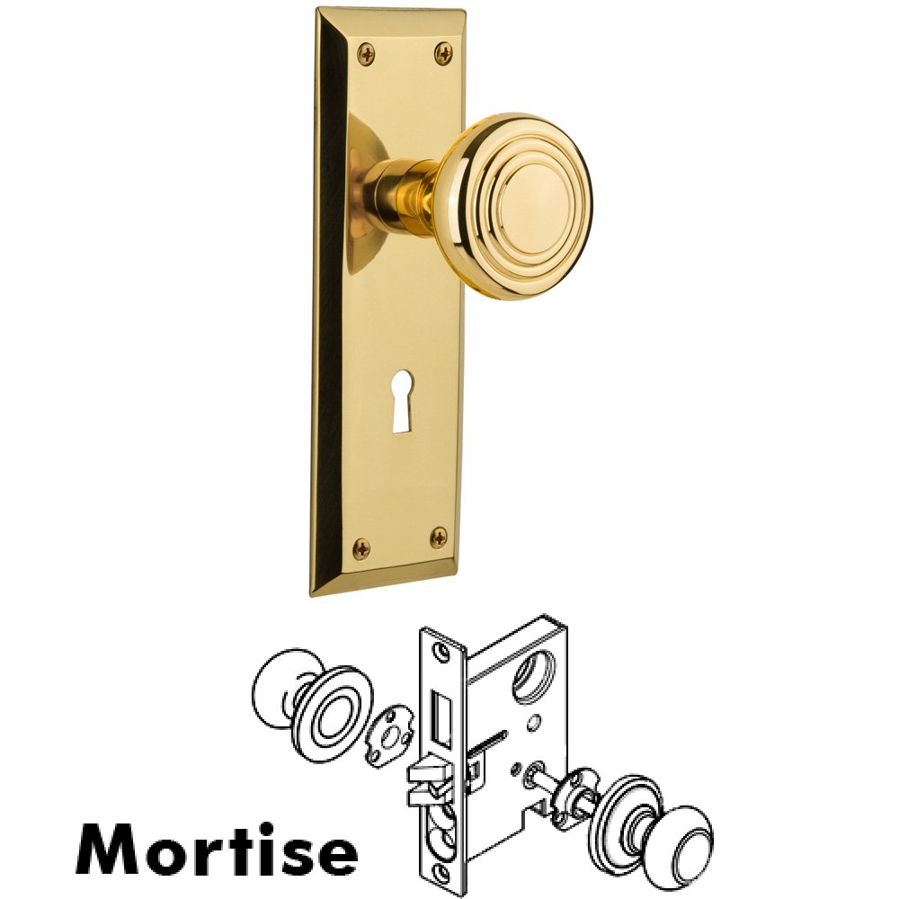 Nostalgic Warehouse Complete Mortise Lockset - New York Plate with Deco Knob in Unlacquered Brass