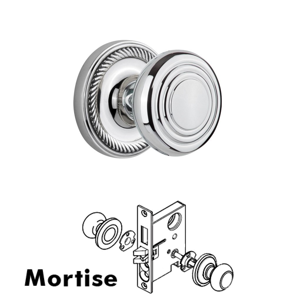 Nostalgic Warehouse Complete Mortise Lockset - Rope Rosette with Deco Knob in Bright Chrome