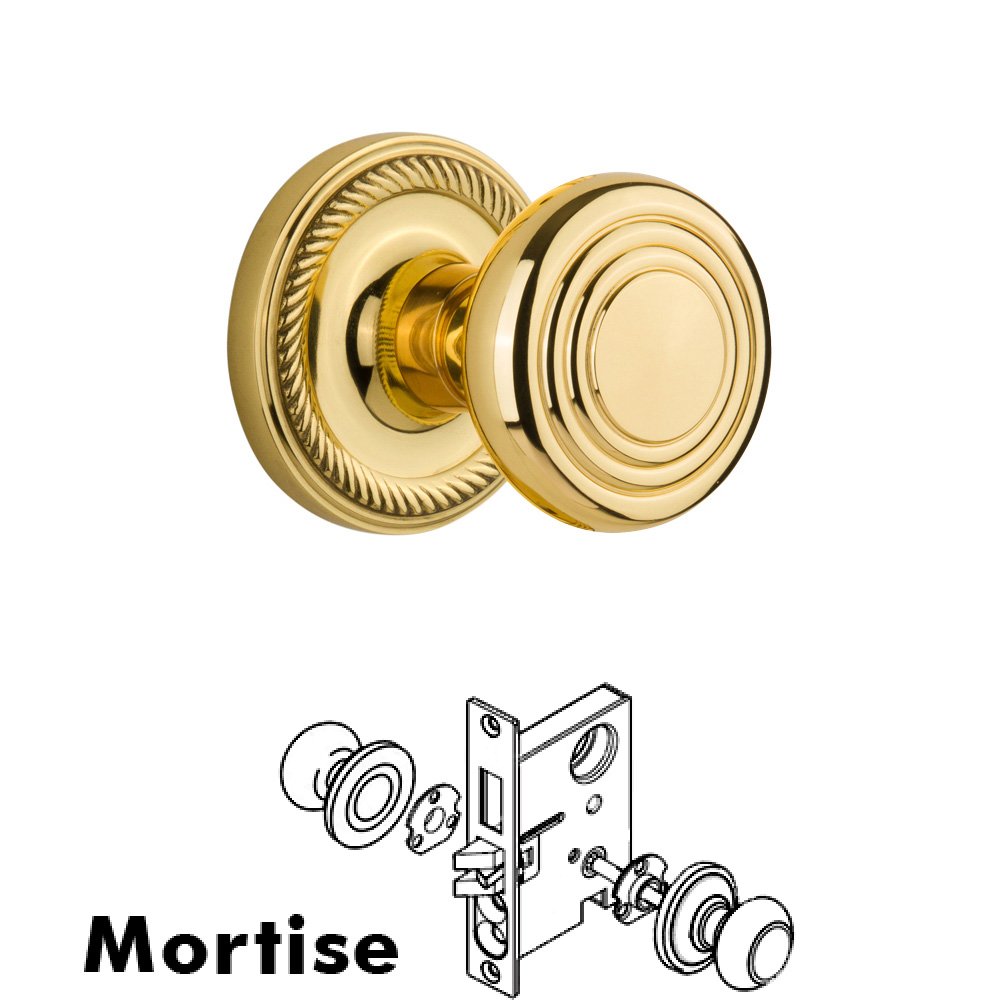Nostalgic Warehouse Complete Mortise Lockset - Rope Rosette with Deco Knob in Unlacquered Brass