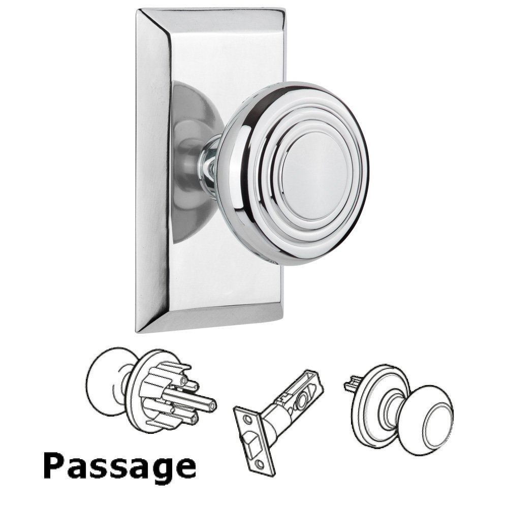 Nostalgic Warehouse Complete Passage Set Without Keyhole - Studio Plate with Deco Knob in Bright Chrome
